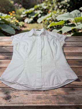 Lefties Zara Crisp White Short Cap Sleeve Button Down Cotton Blouse Size M MEX28